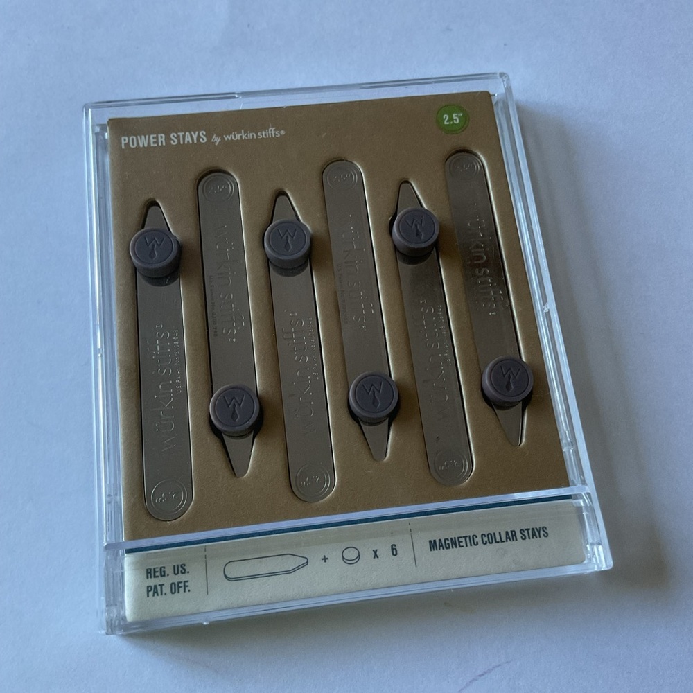 WURKIN STIFFS POWER STAYS MAGNETIC COLLAR STAYS 6 STAYS 2.5” SILVER NWT